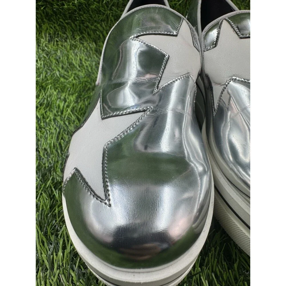 STELLA MCCARTNEY Silver Metallic Faux Leather Binx Star Platform Slip On Shoes 7